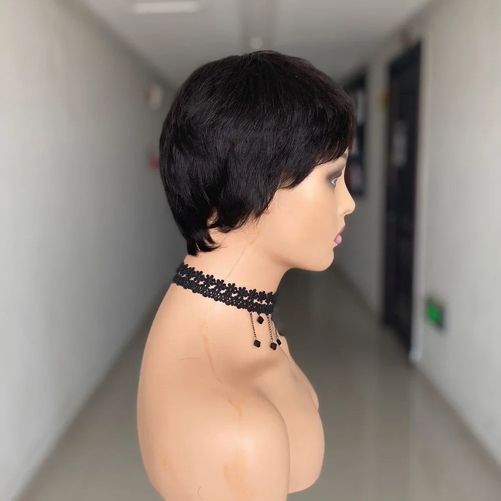 Short Straight Human Hair Wigs Natural Color Brazilian Remy Hair Pixie Cut Wig Human Hair Machine Wig For Black Women