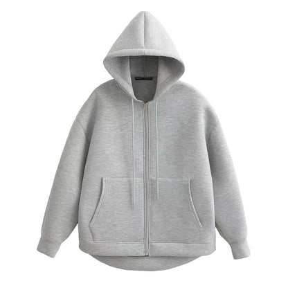 HH Autumn Women Casual Hooded Jacket Loose Oversize Zipper Hoodie Sweatshirts Solid Coat Office Lady Chic Outwear Tops