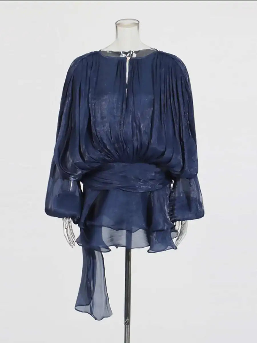 TWOTWINSTYLE Solid Bluse Minikleider für Frauen V-Ausschnitt Langarm Gespleißt Geschnürt Süßer Stil Kleid Weibliche Kleidung Mode