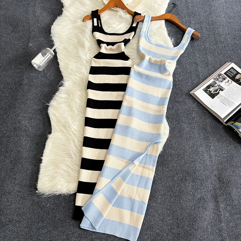 2024 gestreiftes Sommer-Kleid mit elastischem Schlitz, eng anliegend, sexy Strandurlaub, Sonnenkleid für Damen, lässiges, schlankes Bleistiftkleid, langes Maxikleid