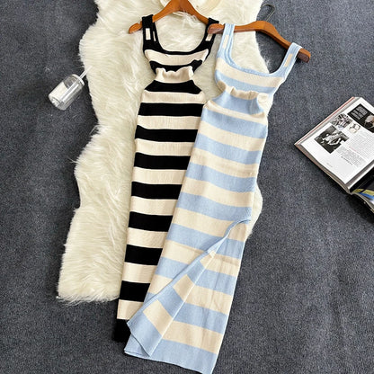 2024 gestreiftes Sommer-Kleid mit elastischem Schlitz, eng anliegend, sexy Strandurlaub, Sonnenkleid für Damen, lässiges, schlankes Bleistiftkleid, langes Maxikleid