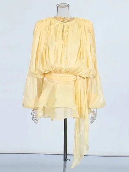 TWOTWINSTYLE Solid Bluse Minikleider für Frauen V-Ausschnitt Langarm Gespleißt Geschnürt Süßer Stil Kleid Weibliche Kleidung Mode