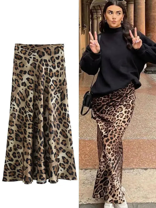 HH Damenmode Leopard Print Rock Vintage Hohe Taille Midiröcke Elegante Damen Sommer Freizeit Streetwear Rock