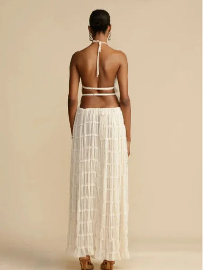 2024 summer new sexy halter top with exposed back and camisole, pleated lace vest, long skirt set