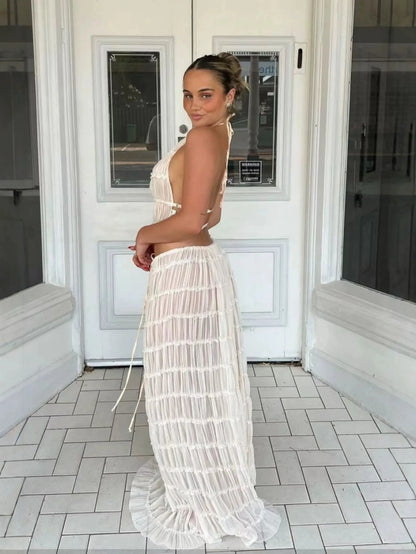 2024 summer new sexy halter top with exposed back and camisole, pleated lace vest, long skirt set