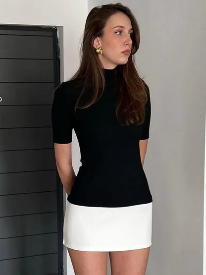 Kontrastfarbenes Bodycon-Kleid für Damen Sommerkleidung Rollkragen-Westen Elegantes Kleid für Frauen Halbärmliges Mini-Streetwear Y2K