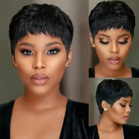 Kurze glatte Echthaarperücken Naturfarbe Brasilianisches Remy Haar Pixie Cut Perücke Echthaar Maschinenperücke für schwarze Frauen