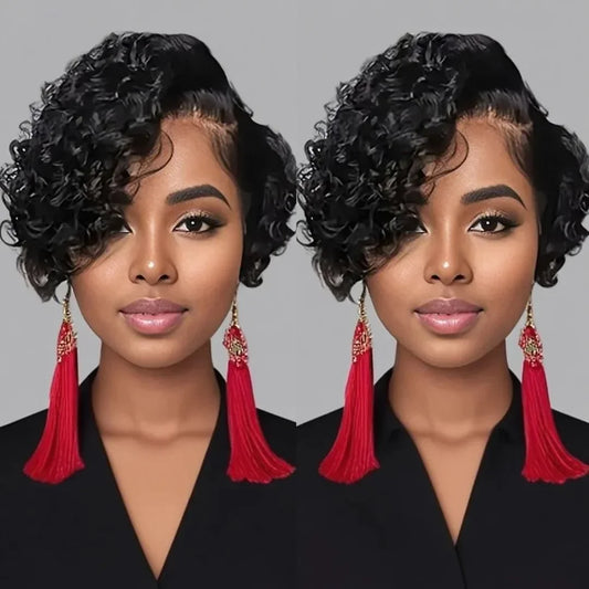 Kurze Bob Perücke Pixie Cut Lockige Echthaar Perücke Für Frauen Schwarz 13x6x1 T-Teil-Spitzenverschluss Tiefe Welle Spitzenperücke Vorgezupftes Haar