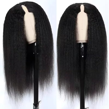 Kinky Straight V Part Wig Natural Black Color No Leave Out Easy Put On Full Head Clip In Glueless Human Hair Wig for Women