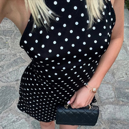 SUCHCUTE Sexy Polka Dot Print Halter Dress For Women Elegant Party Slim Backless Sleeveless Mini Dress Summer Vacation Outfits