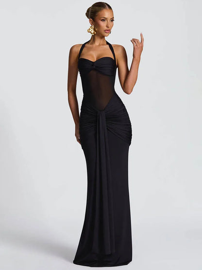 Mozision Neckholder Rückenloses Sexy Maxikleid Damen Mode Patchwork schulterfrei Ärmellos Gerafft Drapierte Bodycon Club Party Kleid