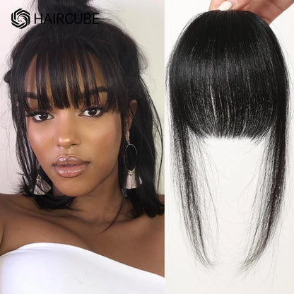 100% Human Hair Bangs Natural Brown Wispy Bang Hair Clip in Bangs Fringe with Temples Hairpiece for Women Clip on Air Bang 4.5in
