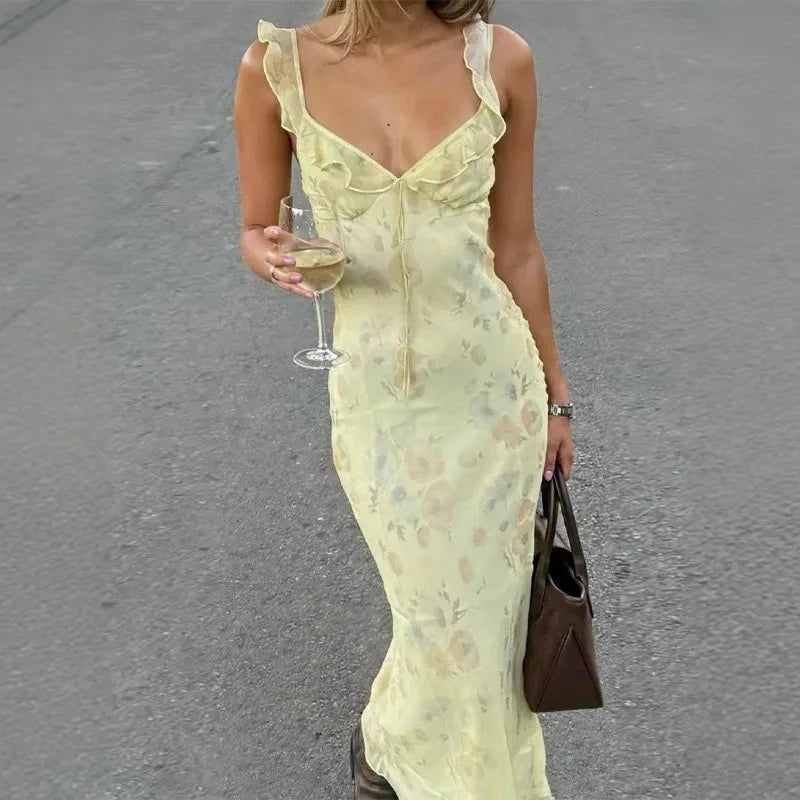 Sommerliches Blumenprint Damen Sexy tief ausgeschnittenes Kleid Ärmellos Rückenfrei Schmale Trägerkleider 2025 Strandurlaub Damen Vestidos