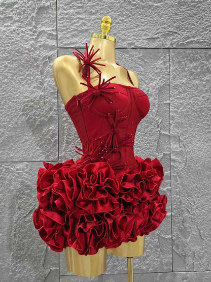 Rotes Damen Sexy Neckholder Komplett Blumenmuster 2-Teiler Bodycon Mini Bandage Kleid zum Feiern, für Nachtclubs, Partys, Geburtstage