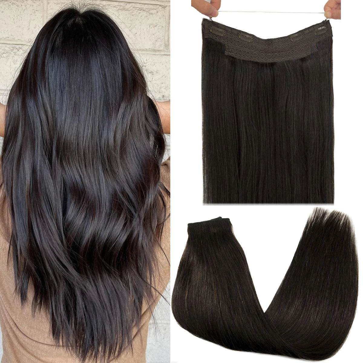Sunmofavo Wire in Hair Extensions Human Hair Straight Fish Line Natural Fusion with 4 Clips Weft Hair Extensions For Women Daily