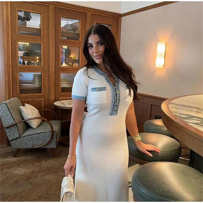Elegantes, kontrastierendes, gestricktes Maxi-Kleid für Damen, schickes O-Ausschnitt-Kurzarmkleid mit Metallknöpfen, figurbetonte Kleider, Büro-Lady-Pendlerrobe