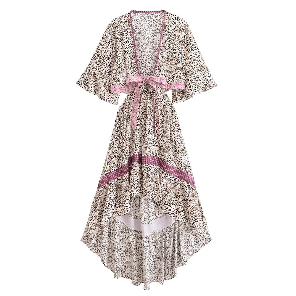 Boho Queens  Women Hollow Out Sexy Beach Dress Bohemian Lady Short Sleeve High-Low Rayon Summer Boho Dresses Robe
