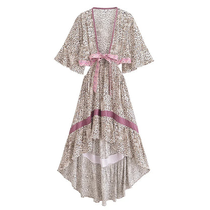 Boho Queens  Women Hollow Out Sexy Beach Dress Bohemian Lady Short Sleeve High-Low Rayon Summer Boho Dresses Robe