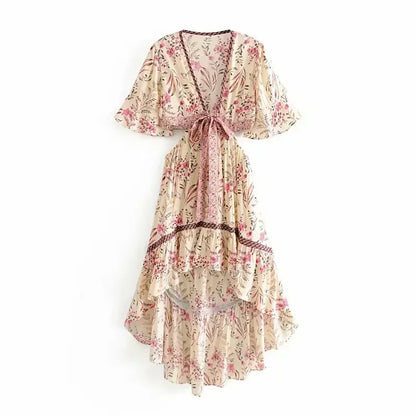 Boho Queens  Women Hollow Out Sexy Beach Dress Bohemian Lady Short Sleeve High-Low Rayon Summer Boho Dresses Robe