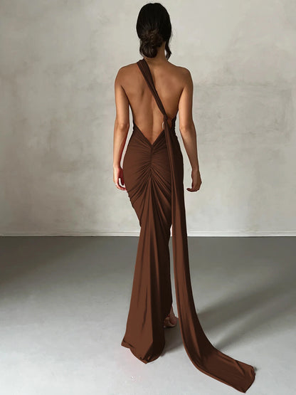 Hugcitar One Shoulder Backless Adjustable Scarf Loop Rüschen Sexy Maxikleid Damen Elegant Y2K Streetwear Festival Outfit