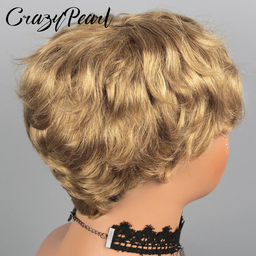 CrazyPearl Colored Light Brown Pixie Cut Wigs Human Hair 100% Short Wigs Human Hair Full Machine Wigs Glueless Wigs Human Hair