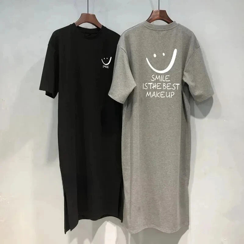 Damen Sommer Neues Kurzarm T-Shirt-Kleid Lockeres Midikleid über dem Knie