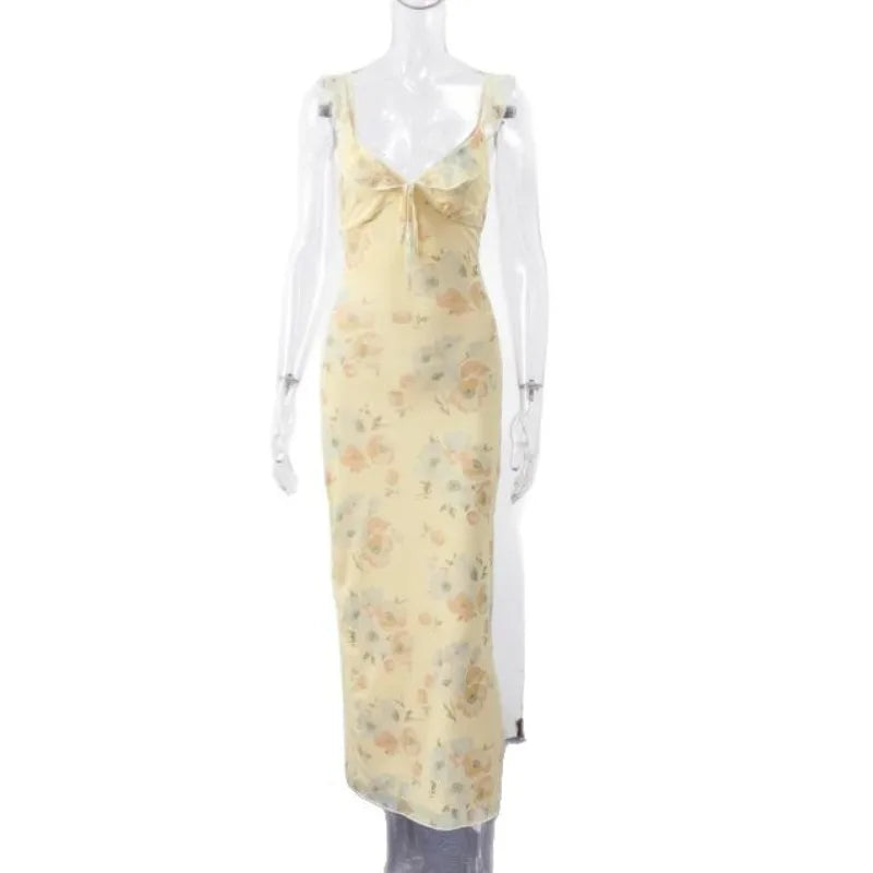 Sommerliches Blumenprint Damen Sexy tief ausgeschnittenes Kleid Ärmellos Rückenfrei Schmale Trägerkleider 2025 Strandurlaub Damen Vestidos