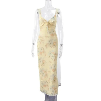 Sommerliches Blumenprint Damen Sexy tief ausgeschnittenes Kleid Ärmellos Rückenfrei Schmale Trägerkleider 2025 Strandurlaub Damen Vestidos