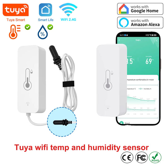 Tuya WiFi Temperature Humidity Sensor Smart Sensor External Probe Sensor APP Remote Control WorkWith SmartLife Yandex Alexa