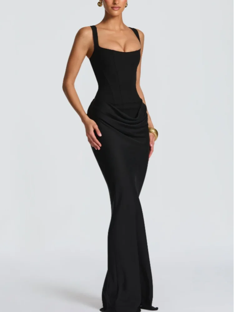 Solid Pleated Sling Dress Women Square Neck Sleeveless Off-shoulder Waist Cinching Slim Dresses Lady Evening Party Gowns 2025