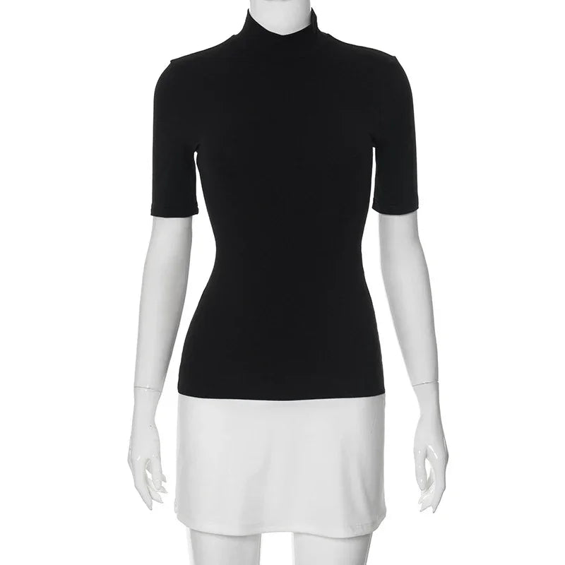 Kontrastfarbenes Bodycon-Kleid für Damen Sommerkleidung Rollkragen-Westen Elegantes Kleid für Frauen Halbärmliges Mini-Streetwear Y2K