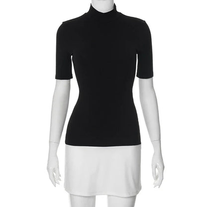 Kontrastfarbenes Bodycon-Kleid für Damen Sommerkleidung Rollkragen-Westen Elegantes Kleid für Frauen Halbärmliges Mini-Streetwear Y2K