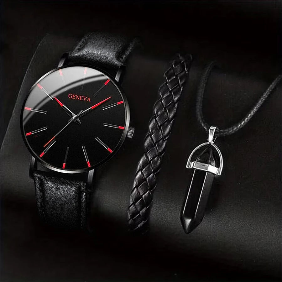 3-teiliges Set Herren Business-Uhren, lässiges Lederarmband, analoge Herren-Quarzuhr, Halsketten-Armband-Set