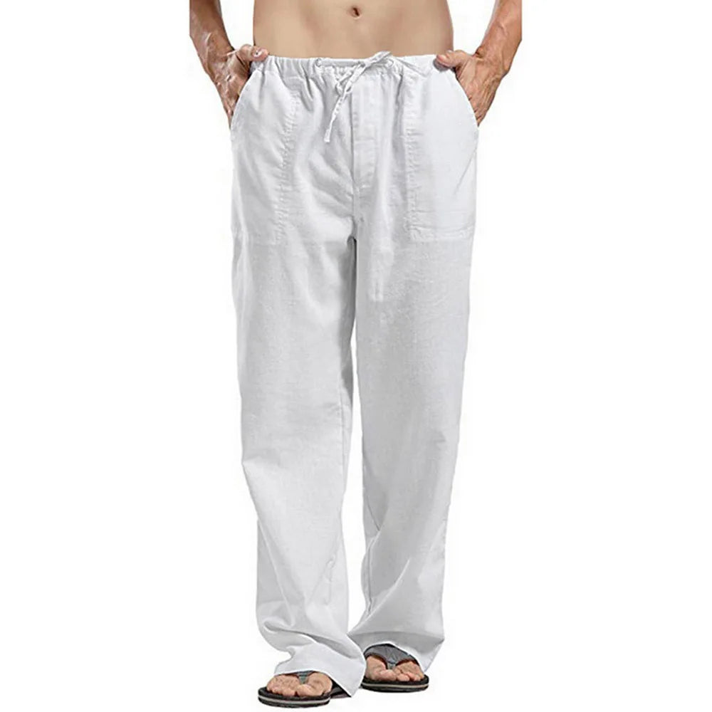 Men's Long Pants Lightweight Drawstring with Pockets Comfortable Straight Leg Casual Trousers for Summer Beach Wear