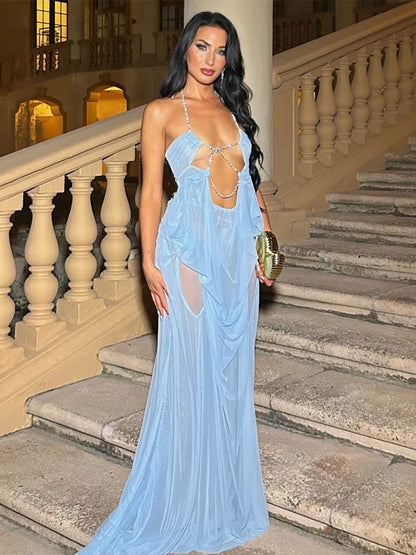 Nibber Abschlussballkleid Damen Sexy Transparent Luxuriöse Kette Neckholder Tiefer Ausschnitt Rückenfrei Ärmellos Mitternacht Elegant Vestidos