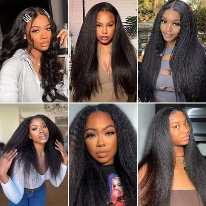 Kinky Straight V Part Wig Natural Black Color No Leave Out Easy Put On Full Head Clip In Glueless Human Hair Wig for Women