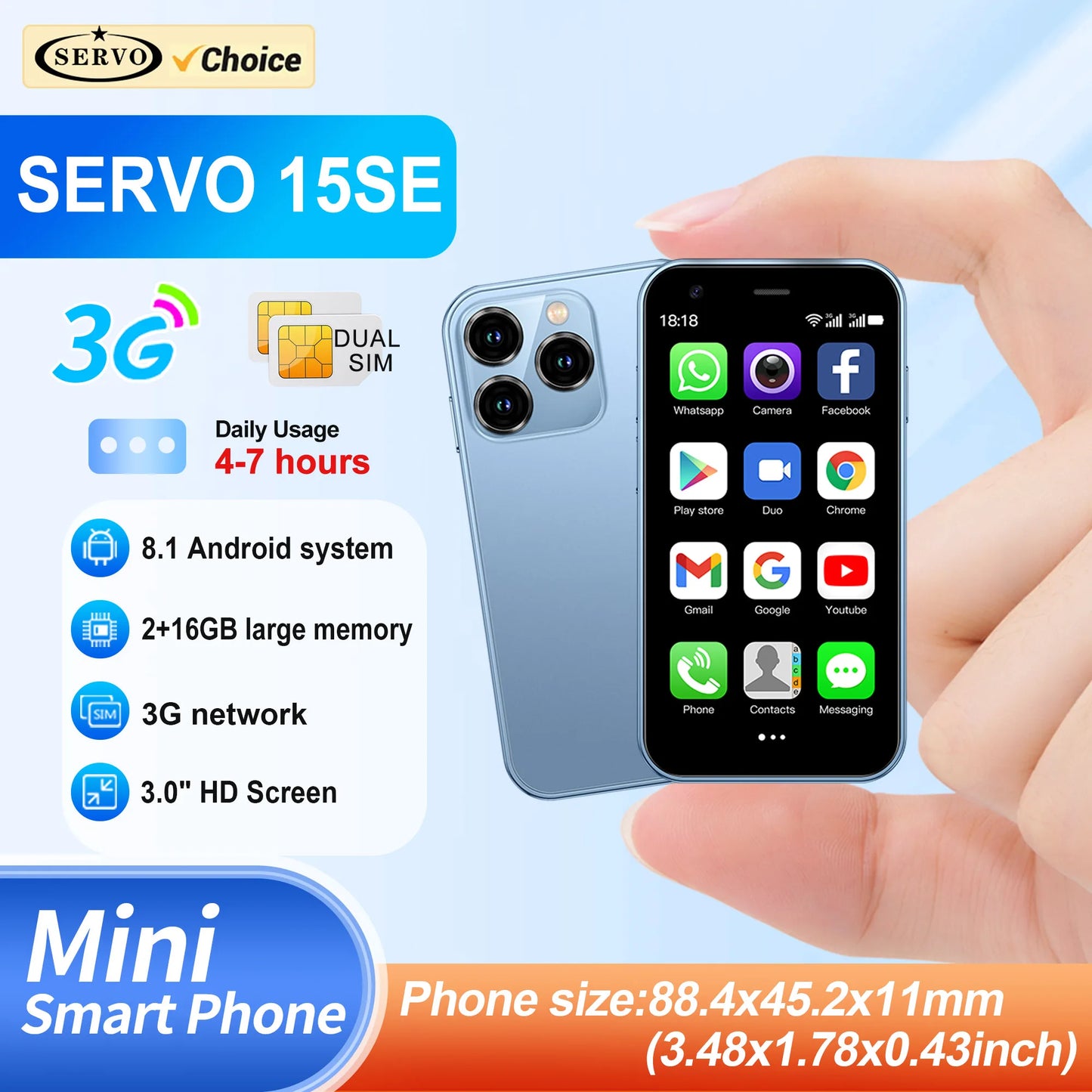 SERVO 15SE Mini Smartphone 3G WCDMA Android System WiFi Hotspot Play Store 3.0" Display Kleine Palm-Smartphones Dual SIM Standby