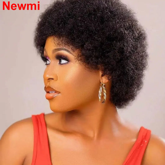 Kurze Afro Kinky Lockige Echthaarperücke für Frauen Fluffy Hair Kurze Pixie Lockige Retro Style Echthaarperücke Full Machine Wig