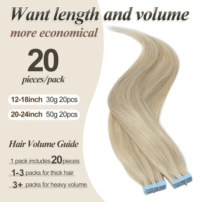 MRSHAIR Tape in Hair Extensions Human Hair Blonde Seamless Tape Hair Extensions 4x0.8cm Skin Weft PU Tape On Hair 20PCS 12"-24"
