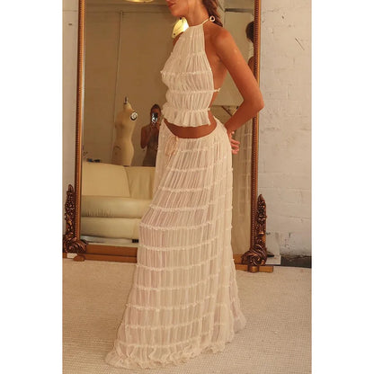 2024 summer new sexy halter top with exposed back and camisole, pleated lace vest, long skirt set