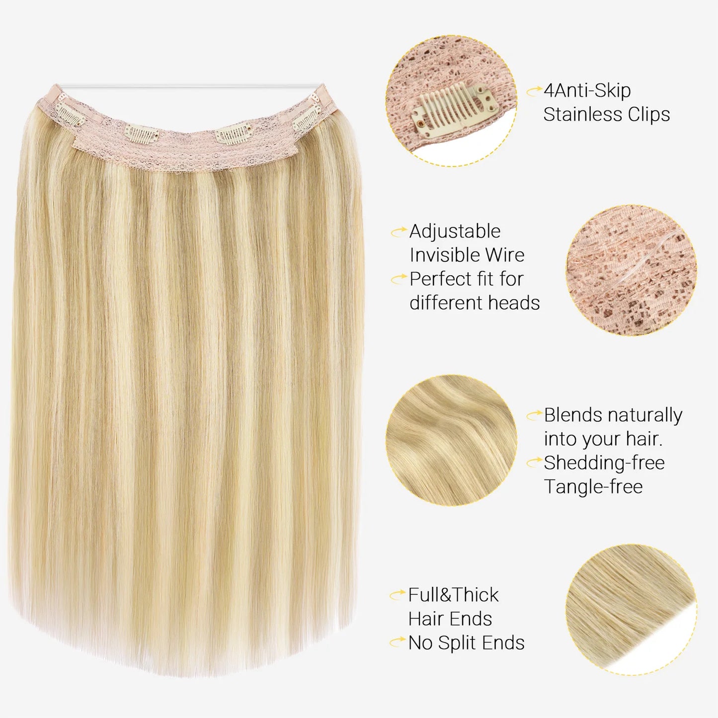 Sunmofavo Wire in Hair Extensions Human Hair Straight Fish Line Natural Fusion with 4 Clips Weft Hair Extensions For Women Daily