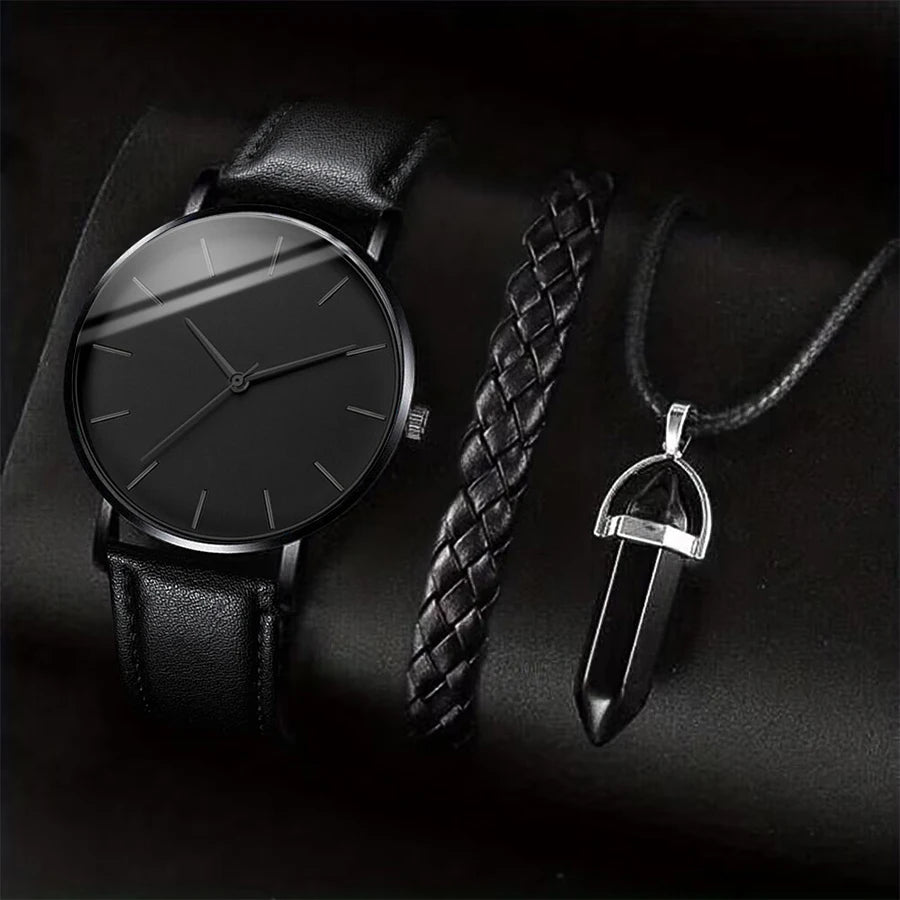 3-teiliges Set Herren Business-Uhren, lässiges Lederarmband, analoge Herren-Quarzuhr, Halsketten-Armband-Set