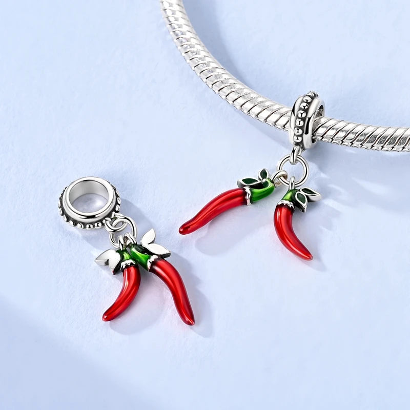 Original 925 Sterling Silber Rote Charm Perlen Rotwein Chili Hantel Anhänger für Frauen Passend für DIY Armband Geburtstag Schmuck Geschenk