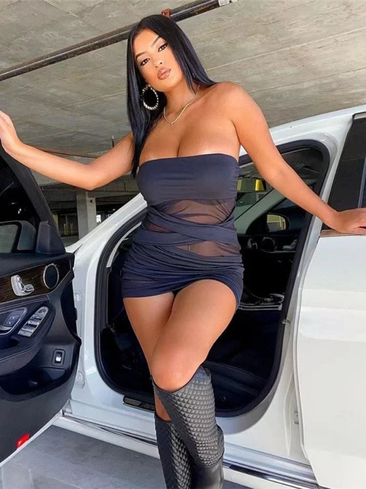 Schräghals Schwarz Vestidos De Mujer Mini Y2k Kleidung Sexi Nachtkleid Hot Club Outfits Mesh Durchsichtiges Bodycon Kleid Für Damen