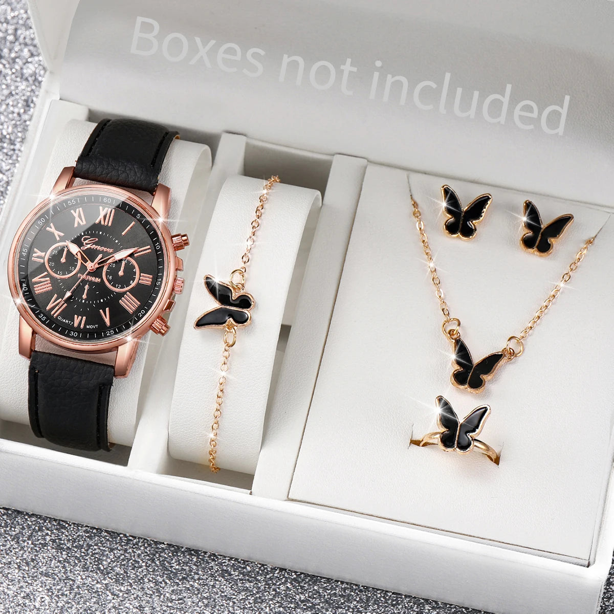 5/6 Stück modische Damen-Quarzuhren mit Lederarmband, analoge Armbanduhren, Herz-Strass-Schmuckset (ohne Box)