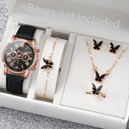 5/6 Stück modische Damen-Quarzuhren mit Lederarmband, analoge Armbanduhren, Herz-Strass-Schmuckset (ohne Box)
