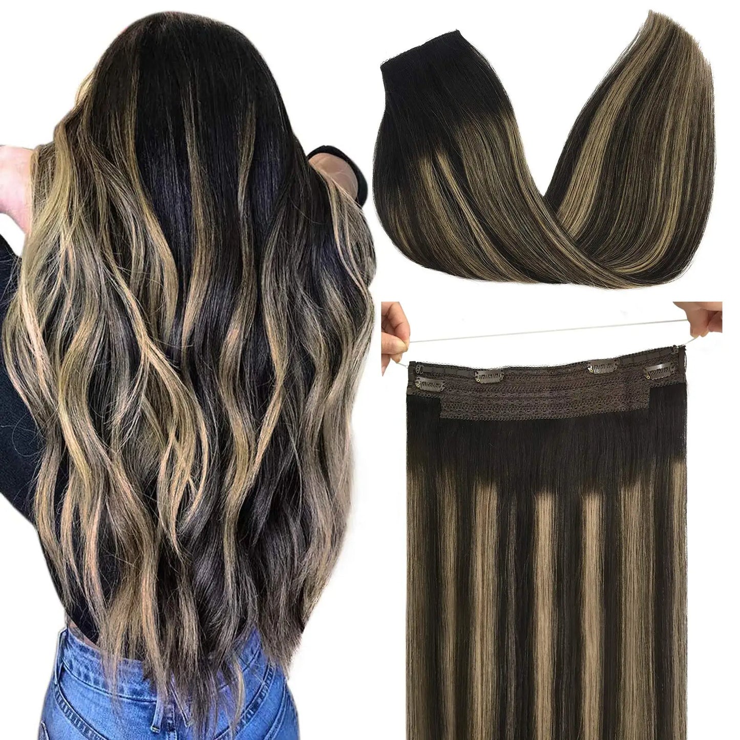 Sunmofavo Wire in Hair Extensions Human Hair Straight Fish Line Natural Fusion with 4 Clips Weft Hair Extensions For Women Daily