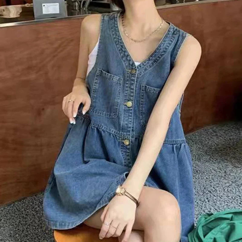 Ärmelloses Trägerkleid Damen Sommer Einreihige Taschen Jeanskleider Damen Koreanischer Stil Lockeres A-Linien Minikleid