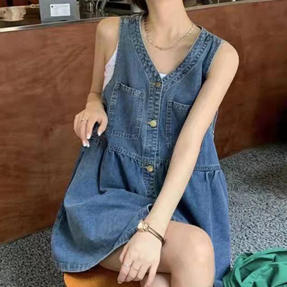 Ärmelloses Trägerkleid Damen Sommer Einreihige Taschen Jeanskleider Damen Koreanischer Stil Lockeres A-Linien Minikleid