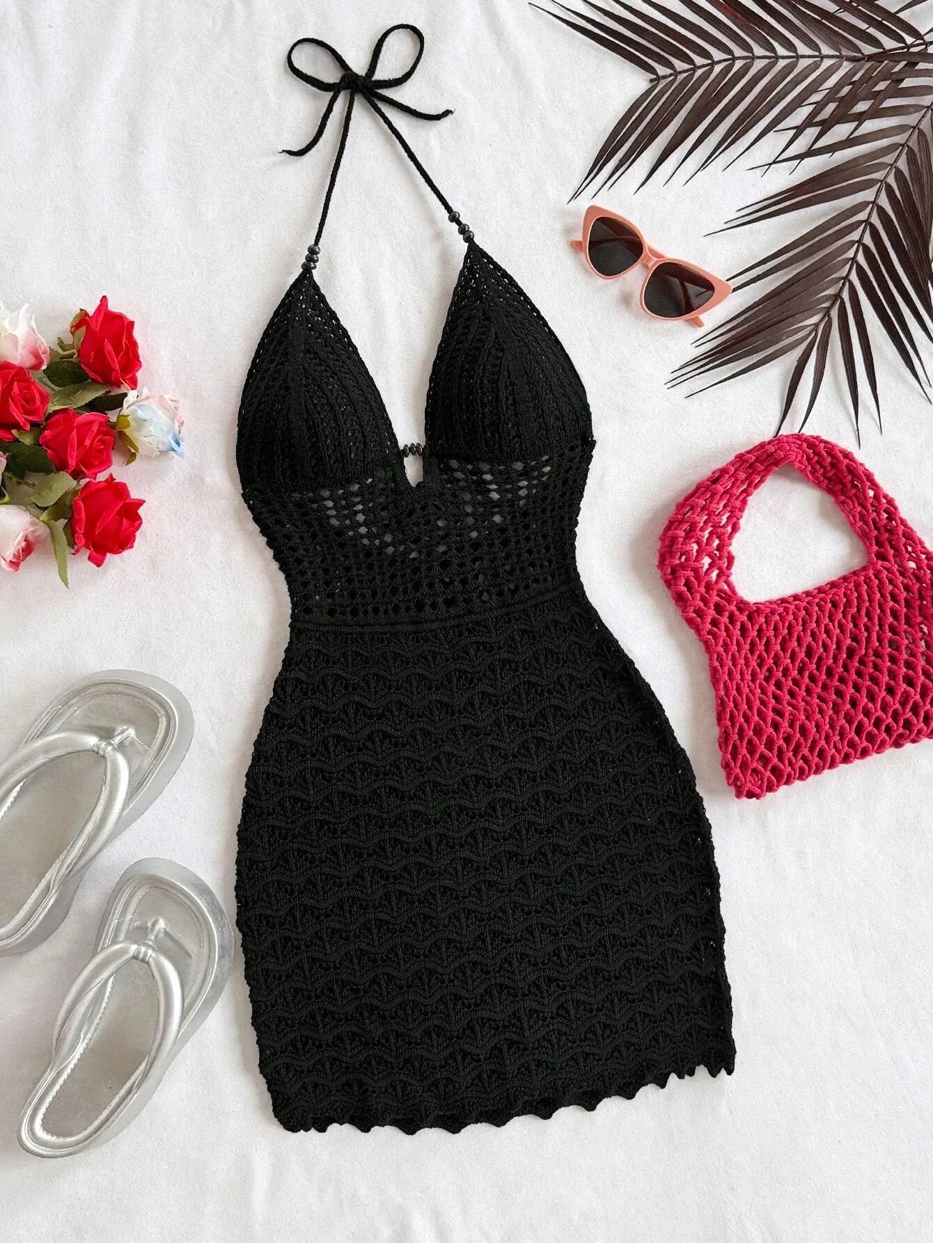 Summer sexy V-neck hollowed out wooden bead slim fit dress with vacation straps and strapless gradient color knitted dress